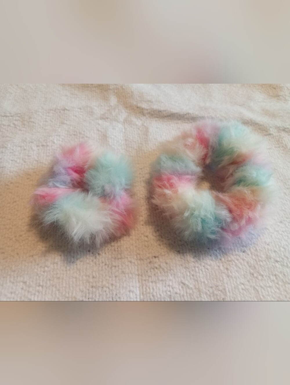 Handmade Crochet Mom And Daughter Plush Pastel Multi-Color Fluffy Scrunchie Duo